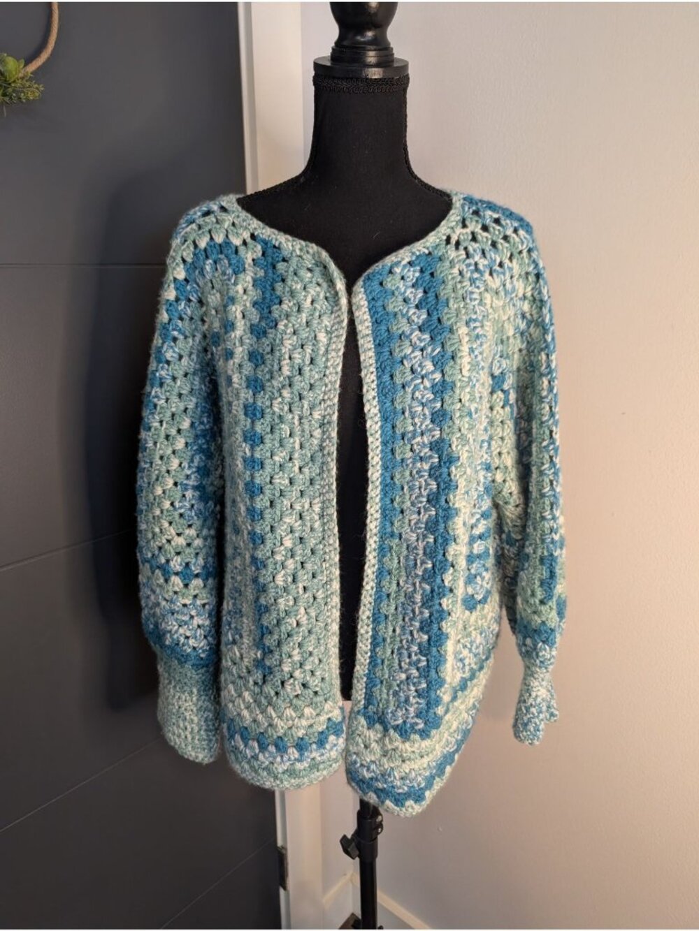 Handmade Open Front Teal & Aqua Hexi Crochet Cardigan - OS